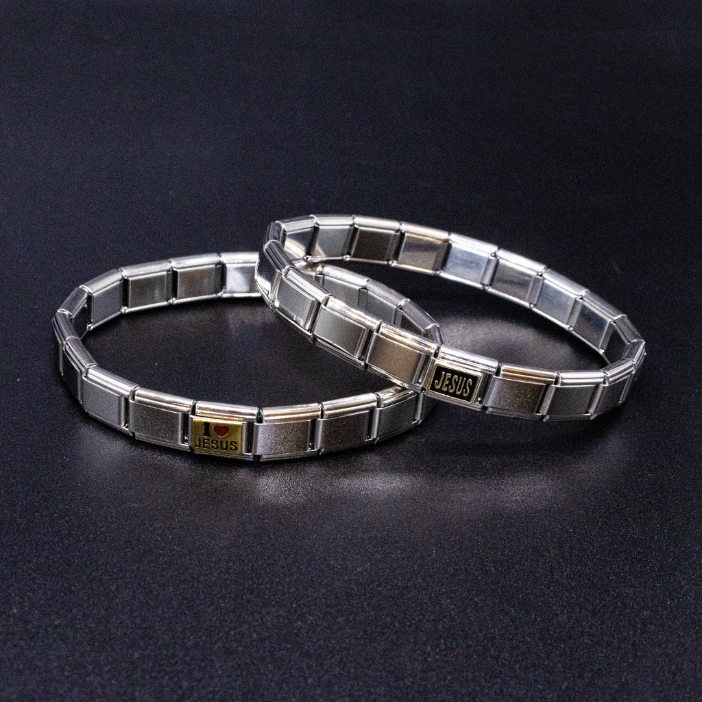 Italian Bracelet Charms - "JESUS" (Black & Gold) Religious 9mm Links