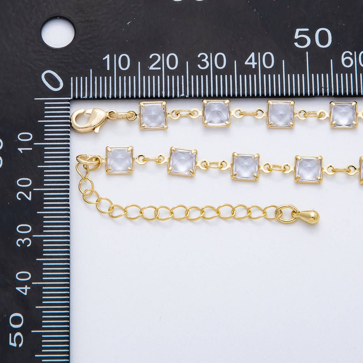 18K Gold Filled 5.7mm Clear, Multicolor Square CZ Chain 19 Inch Lariat Necklace w. Extender | WA-3273 WA-3274