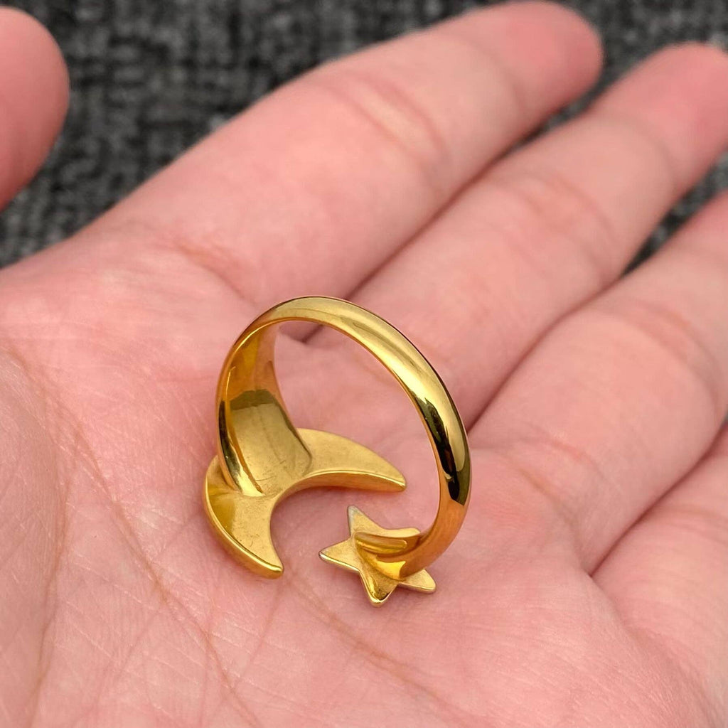 Two Tone Star Moon 18K Golden SS Adjustable Ring - FGS/MS