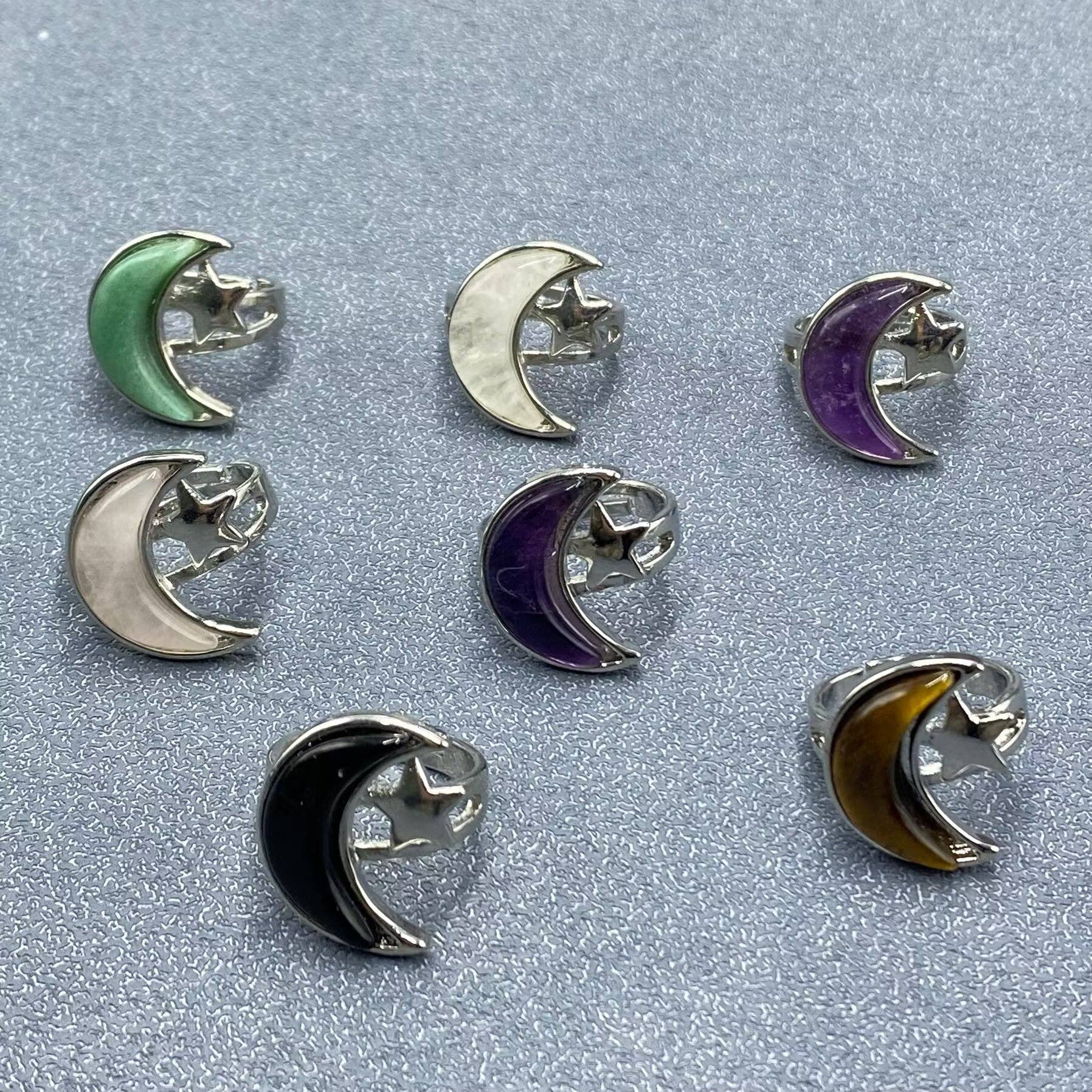 Natural Stone Moon Star Silver Tone Adjustable Ring - CS/MS