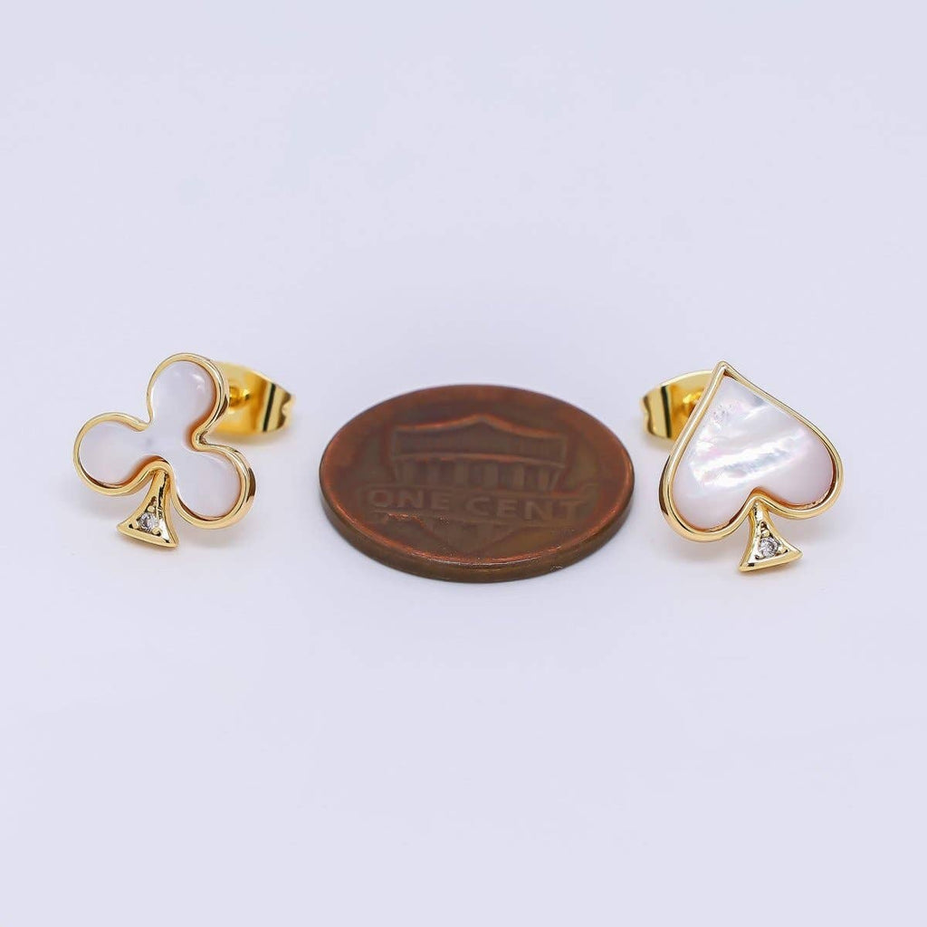 24K Gold Filled Shell Pearl Spades & Clubs Card Mis Matched Stud Earrings | Q-346