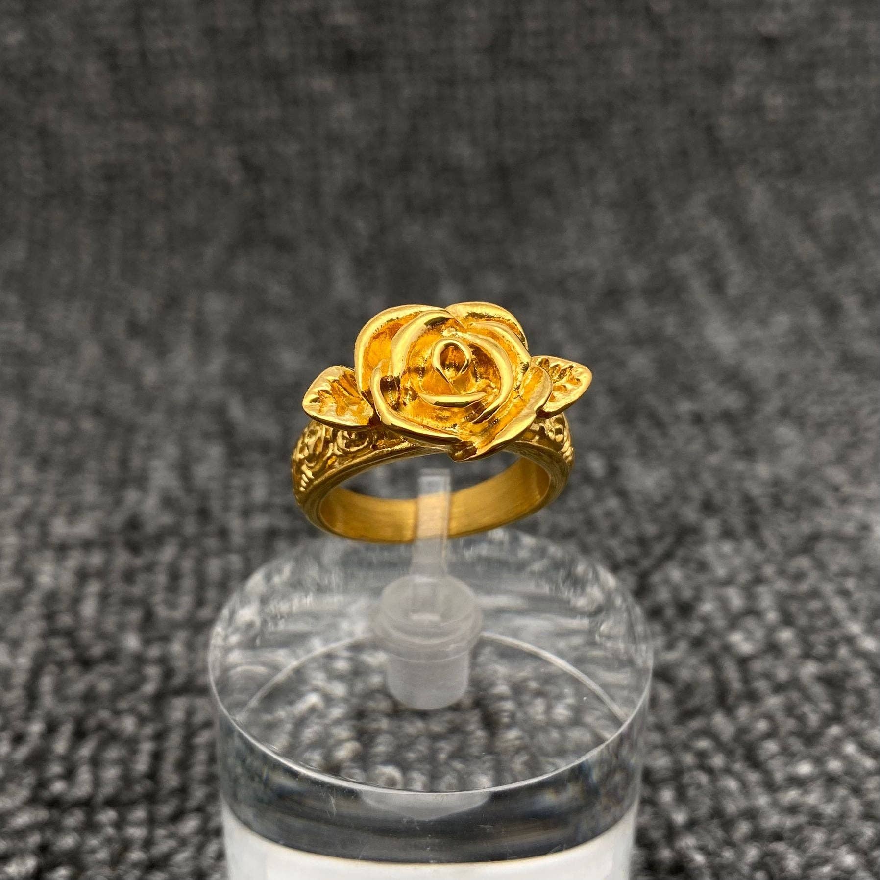 Vintage 18K Gold Plated Stainless Steel Rose Ring - FGS
