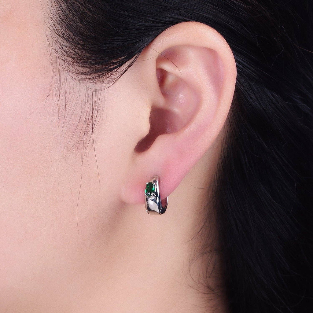 16K Gold Filled Emerald Green Oval CZ Dome 13mm Huggie Earrings in Silver & Gold | AB1501 AD1016