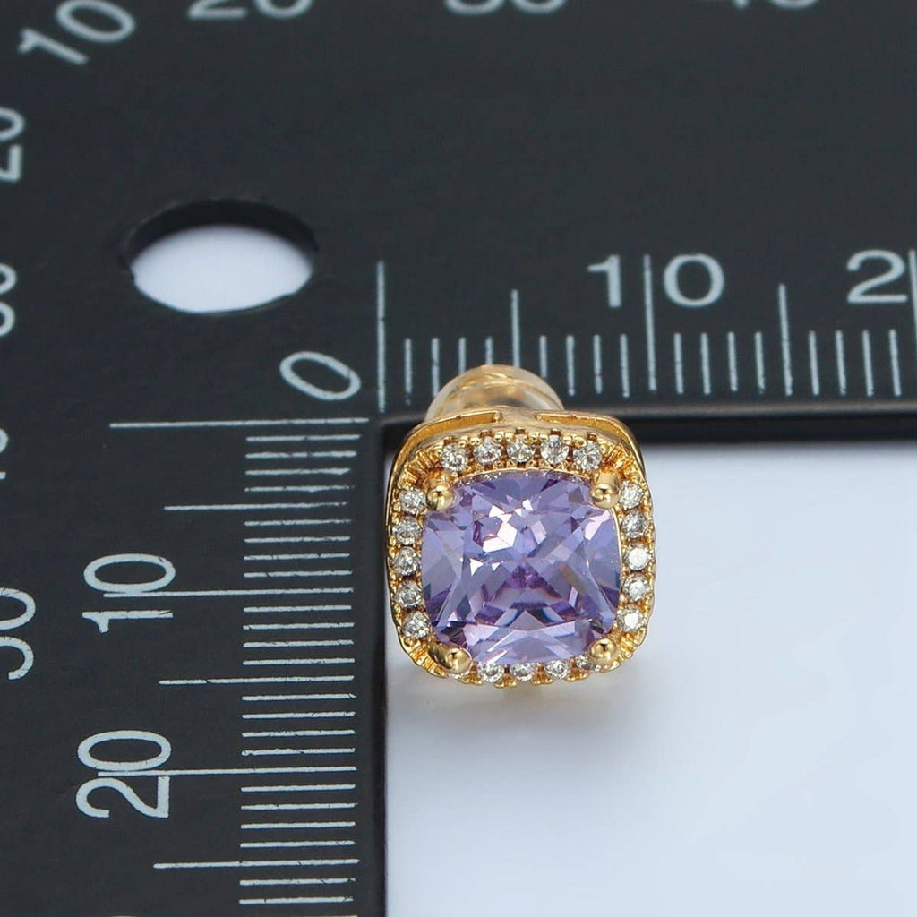 24K Gold Filled Purple Square Micro Paved CZ Stud Earrings | AD742