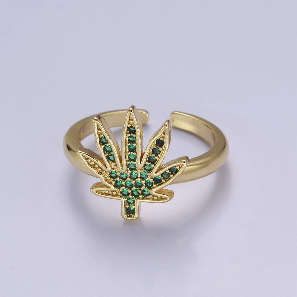 Green CZ Crystal Micro Pave Weed Gold Open Ring O2159