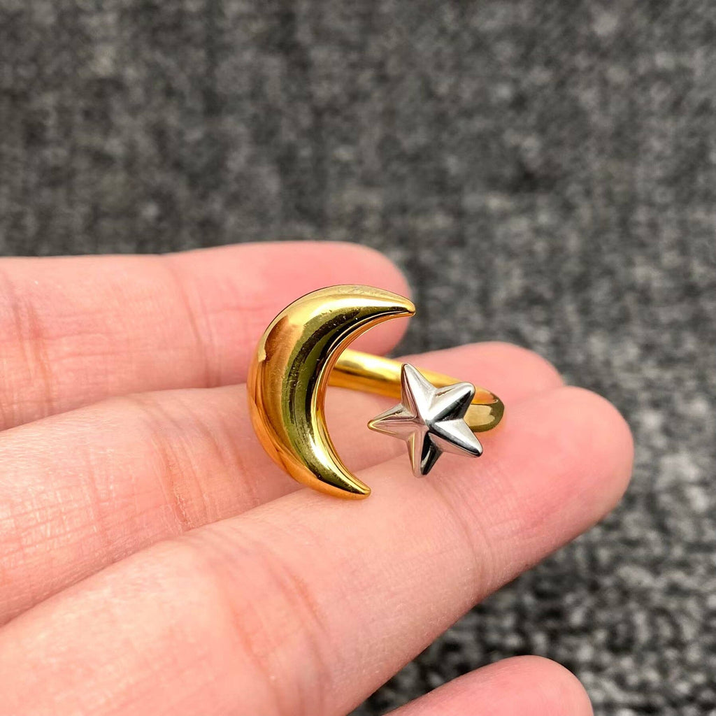 Two Tone Star Moon 18K Golden SS Adjustable Ring - FGS/MS