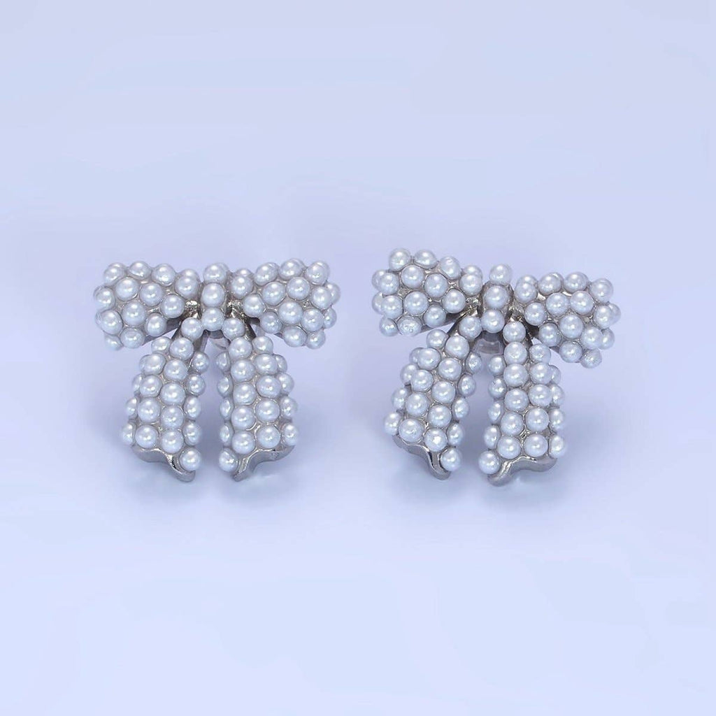 14K Gold Filled Pearl Ribbon Bow Stud Earrings in Gold & Silver | P246 P247