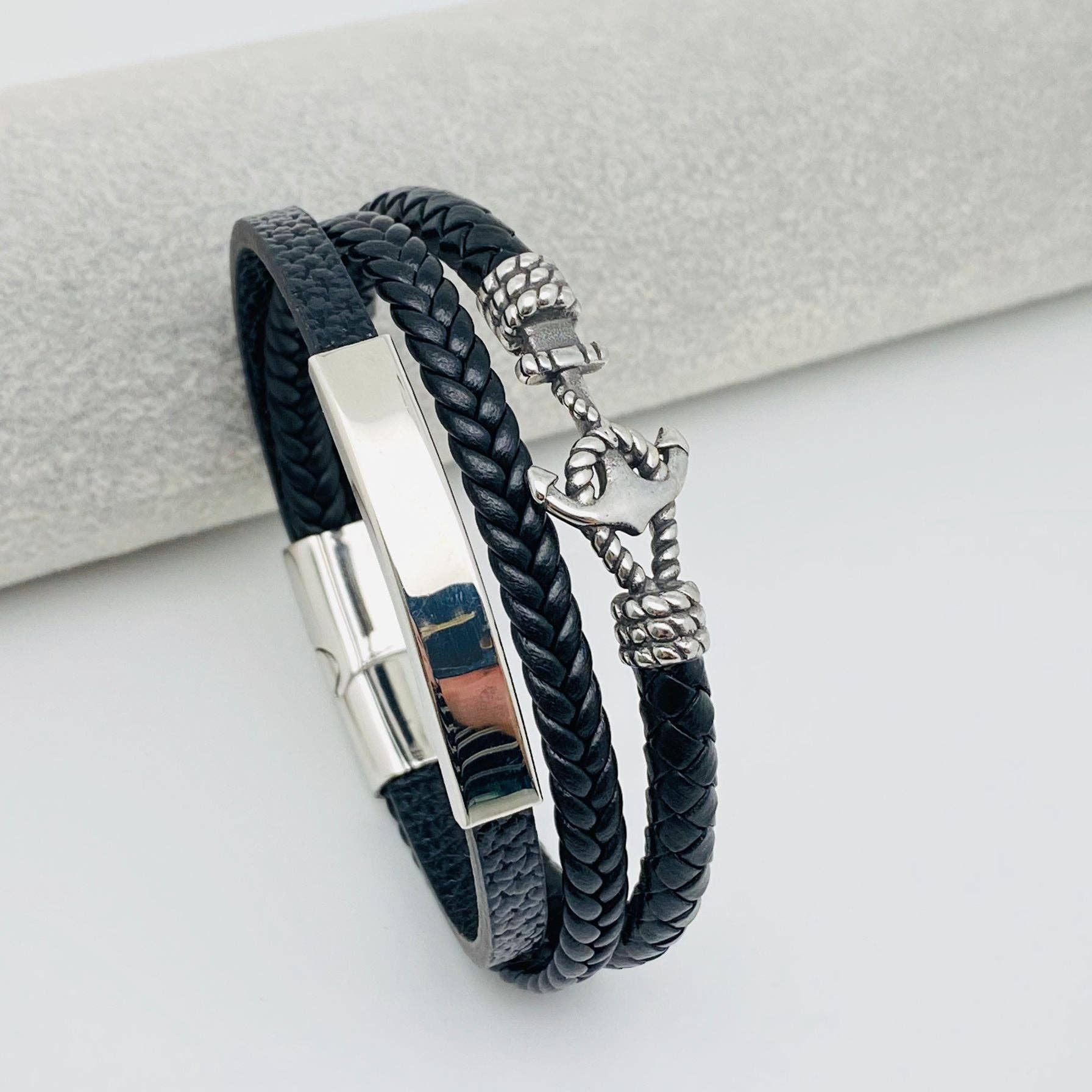 Stainless Steel Anchor Leather Bracelet - MJ/BC
