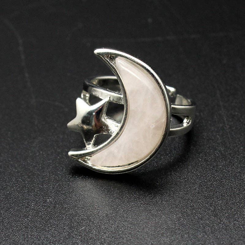 Natural Stone Moon Star Silver Tone Adjustable Ring - CS/MS