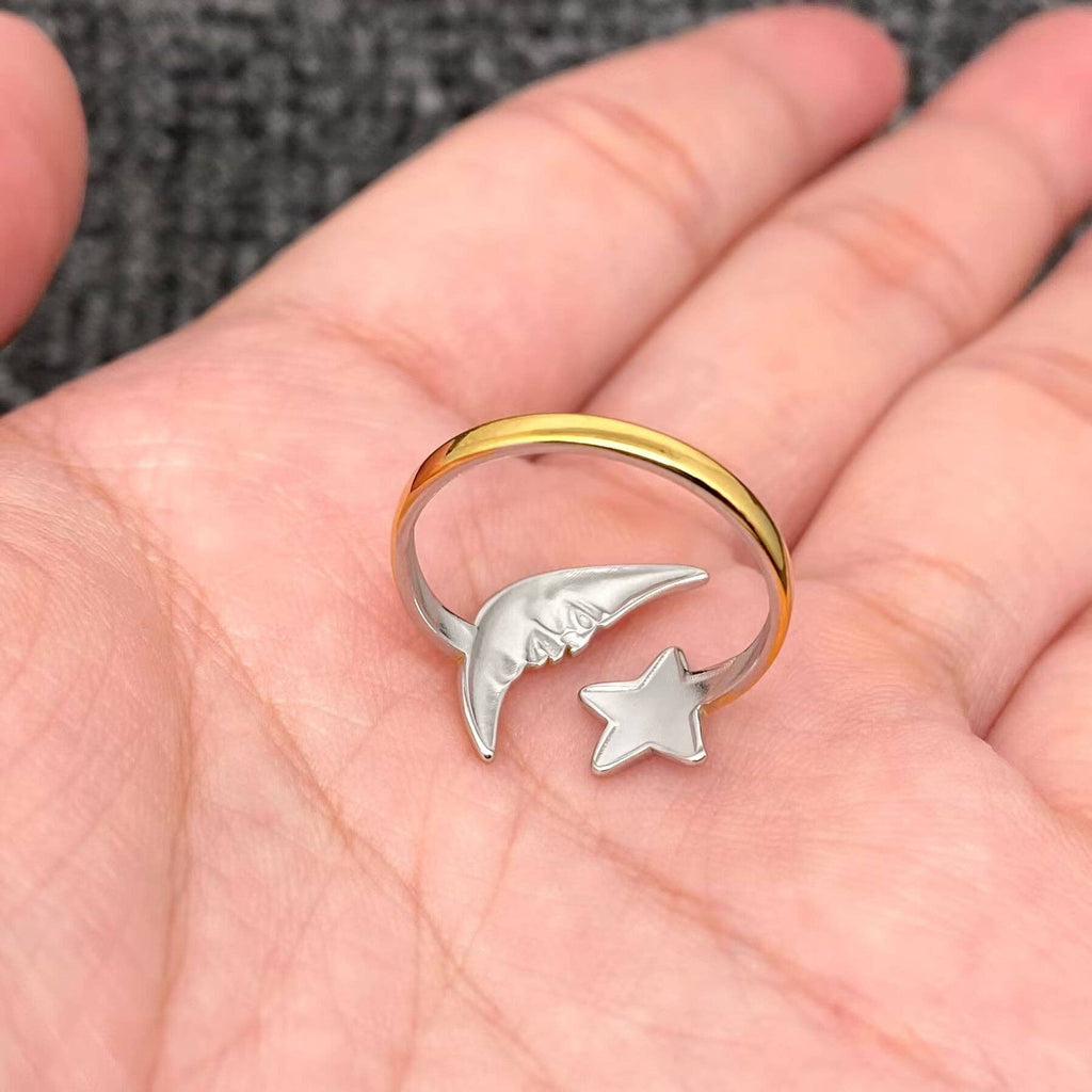 Two Tone 18K Gold Plated S.Steel Star Moon Ring - FGS/MS