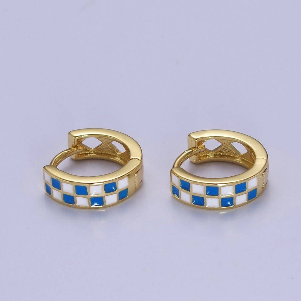 24K Gold Filled Enamel Checker Hoops Earring Retro Gold Huggie Earrings V131 V132