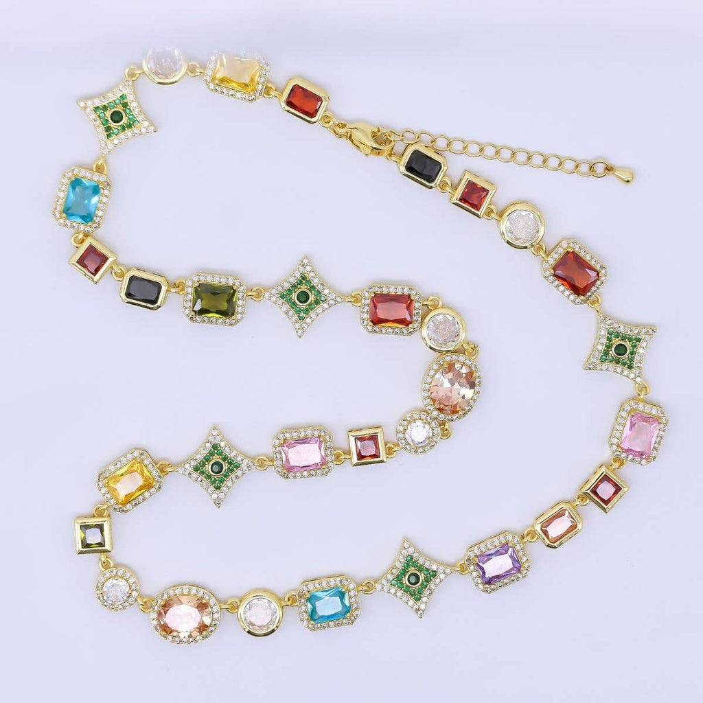 24K Gold Filled Multicolor Geometric Cluster CZ Micro Paved 18 Inch Necklace | WA-1285