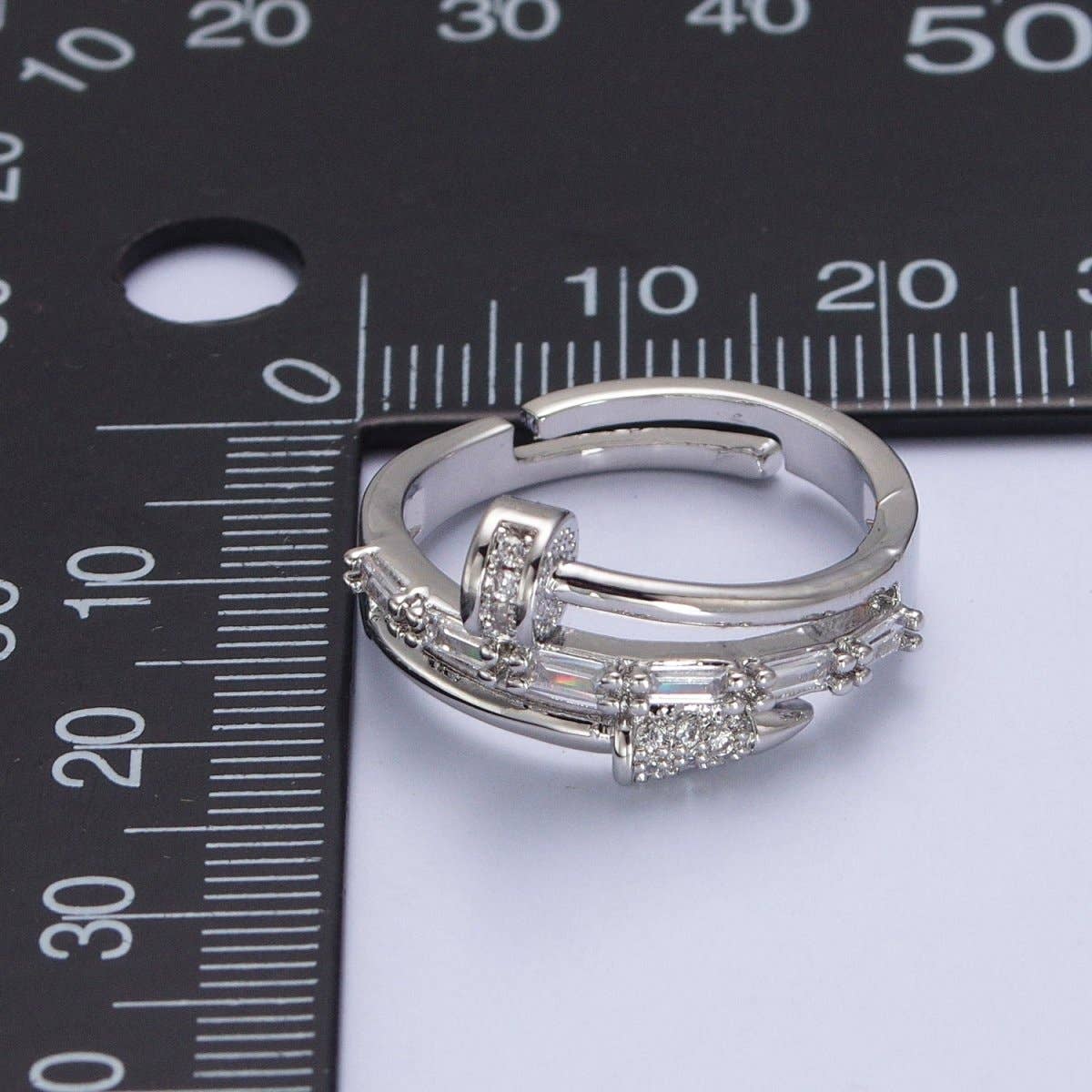 Clear Micro Paved Baguette Adjustable Nail Ring in Gold & Silver |  O-258
