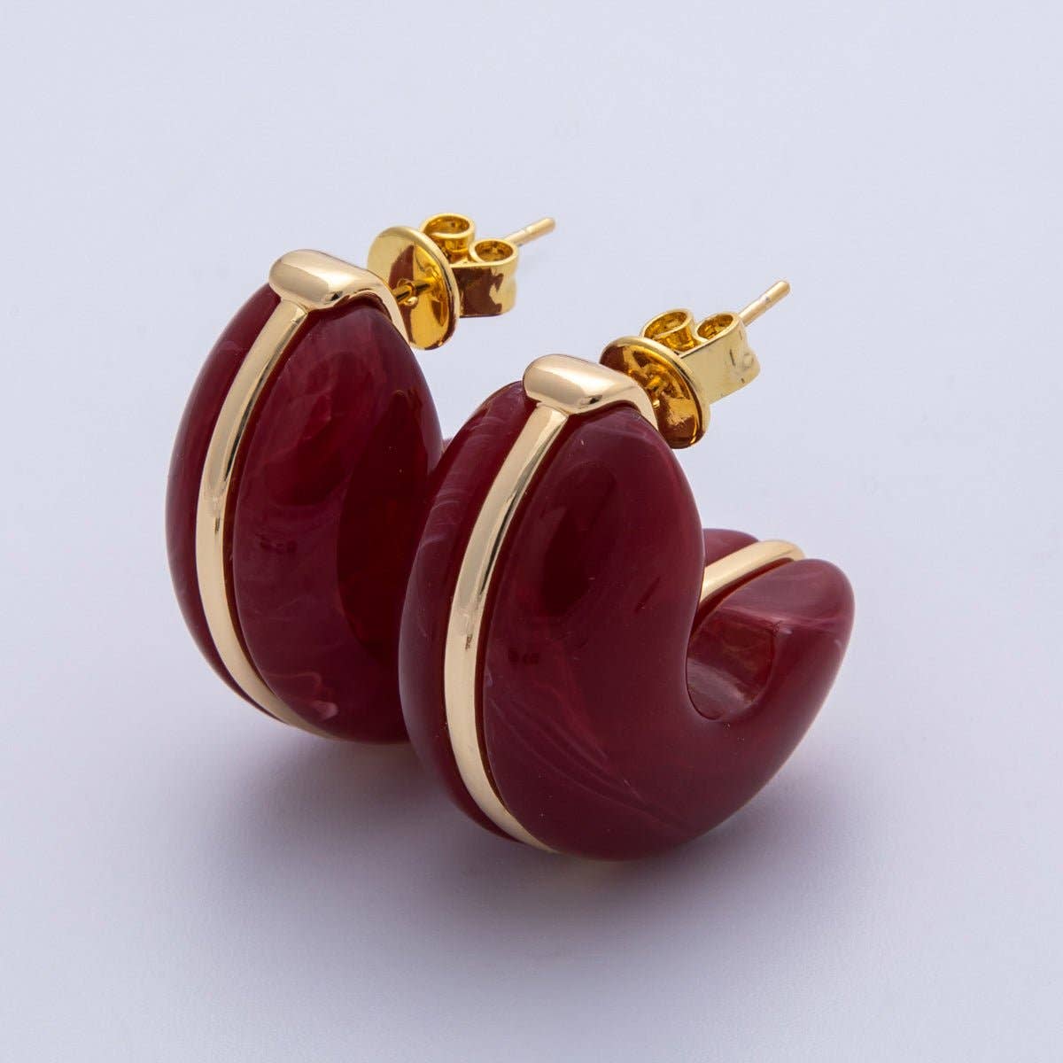 18K Gold Filled 25mm White, Blue, Black, Red, Beige, Brown Resin Chubby C-Shaped Hoop Earrings | Earrings-00154 ~ Earrings-00159