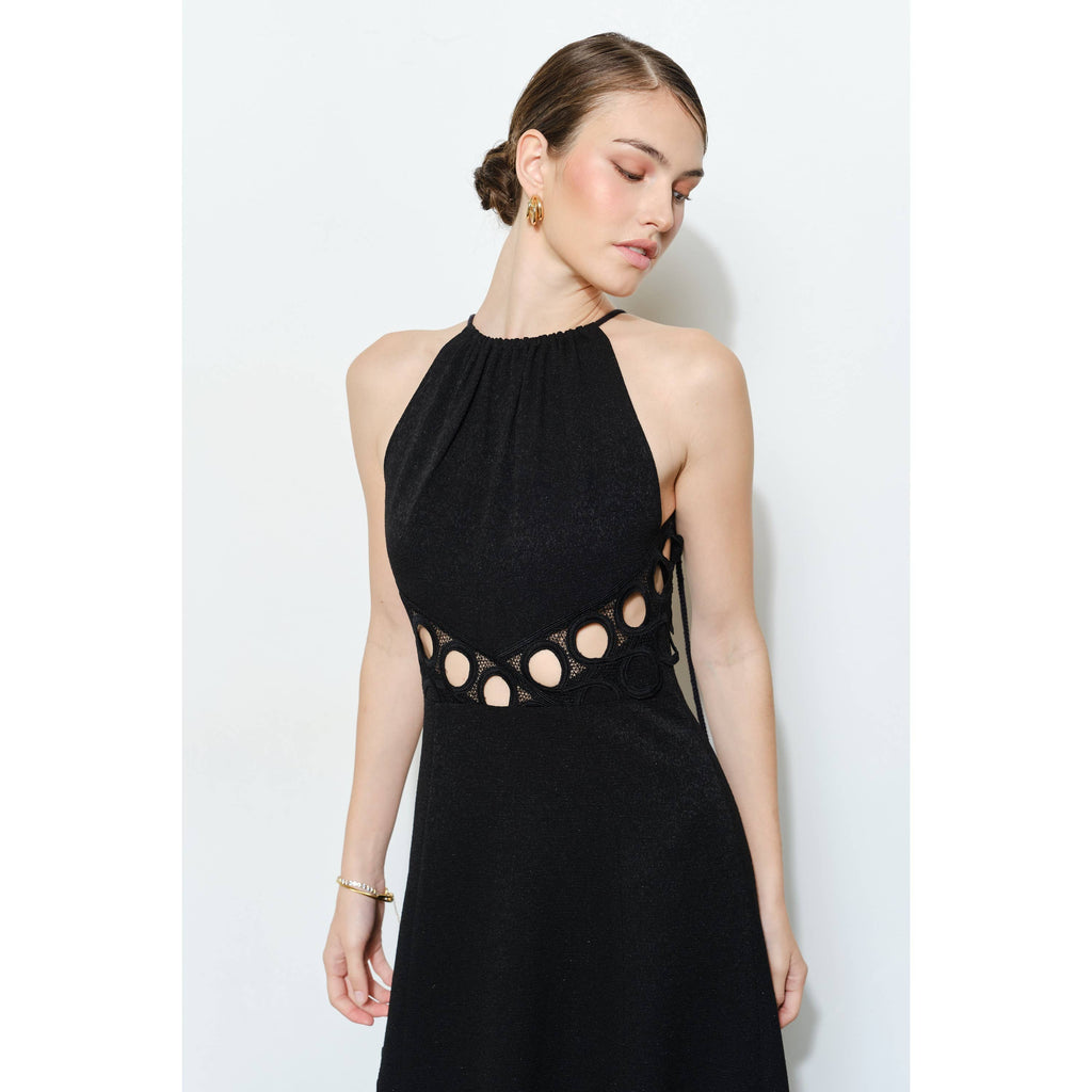 Chic Textured Lace Halter Tassel Draped Midi Dress