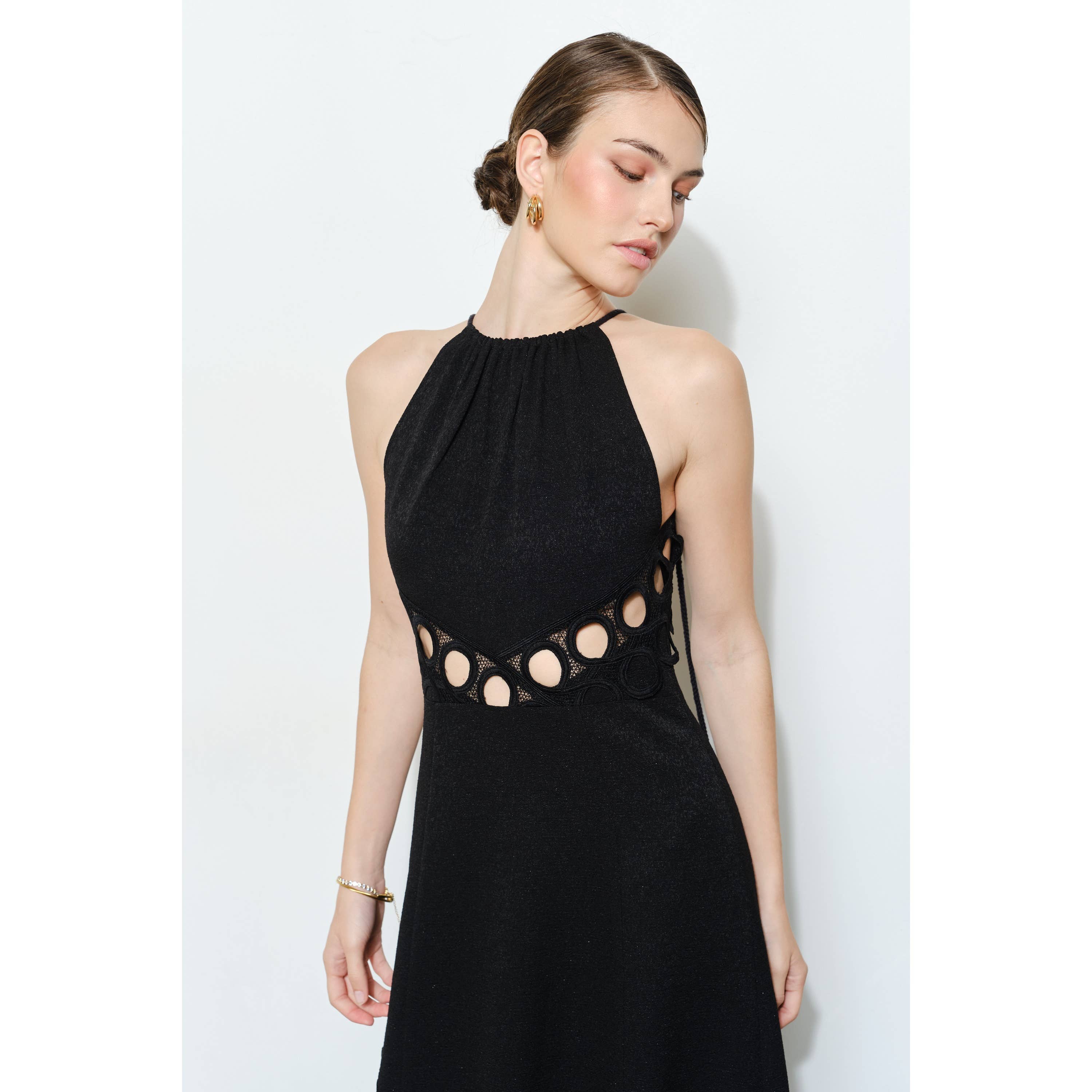 Chic Textured Lace Halter Tassel Draped Midi Dress