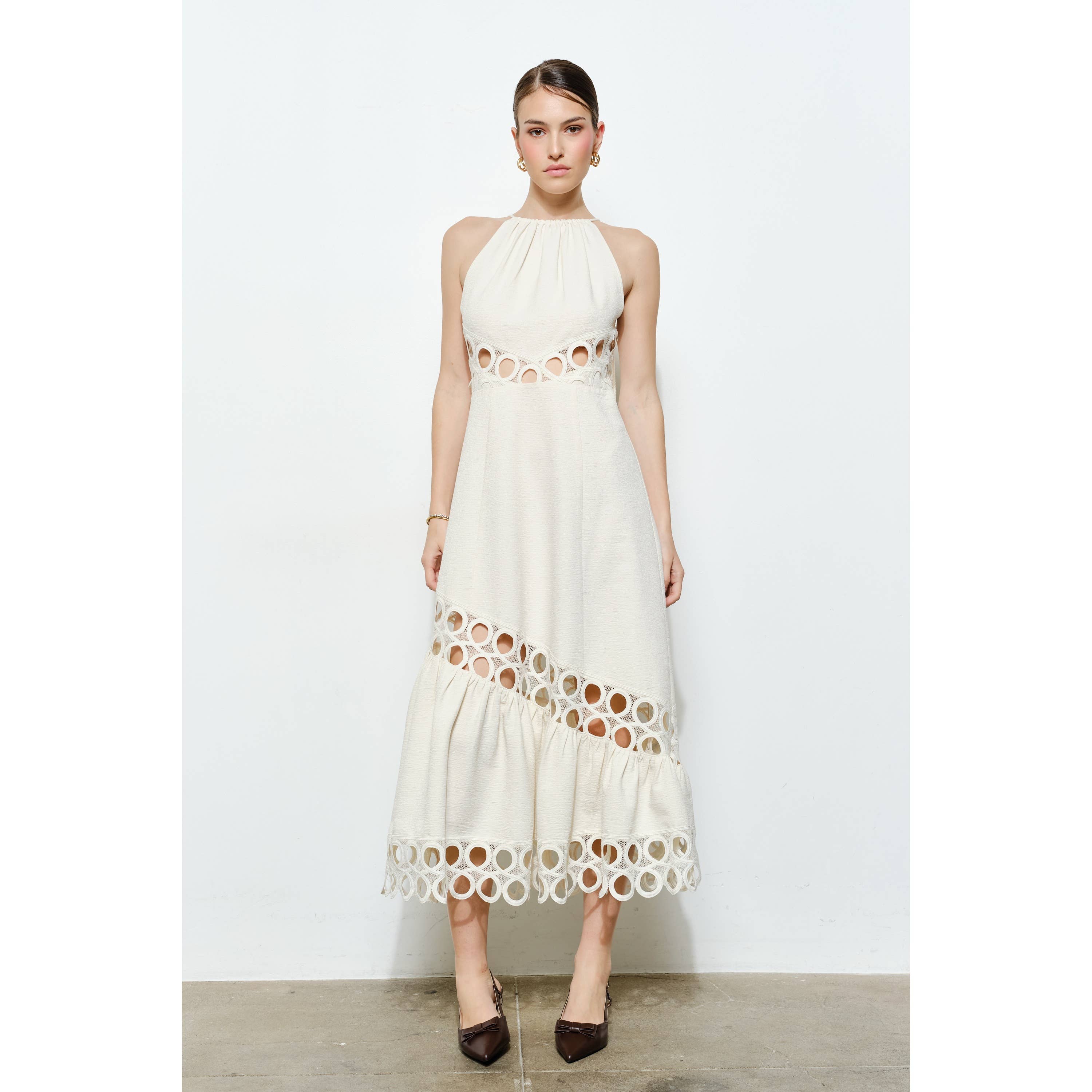 Chic Textured Lace Halter Tassel Draped Midi Dress