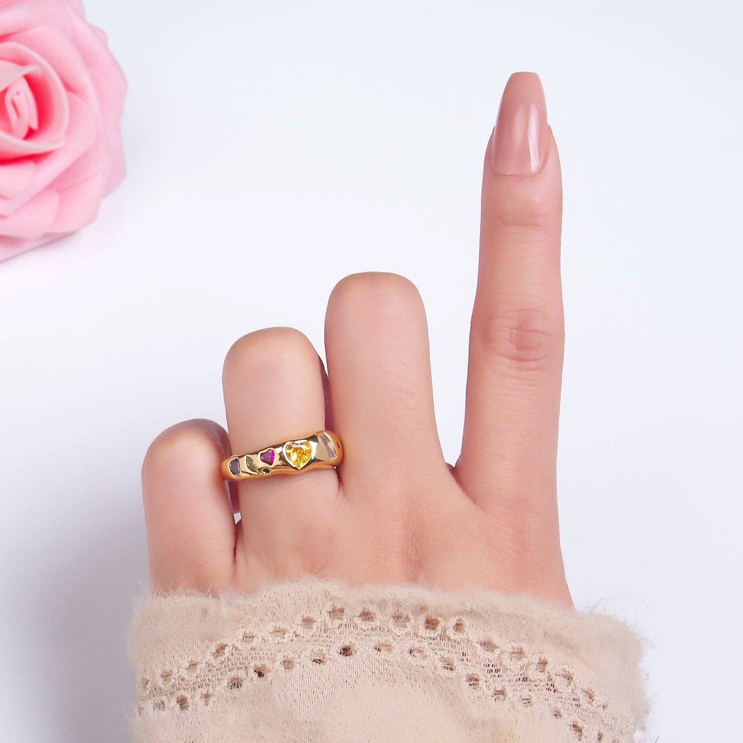 24K Gold Filled Multicolor Geometric Heart Baguette CZ Ring in Gold & Silver | O740 O743