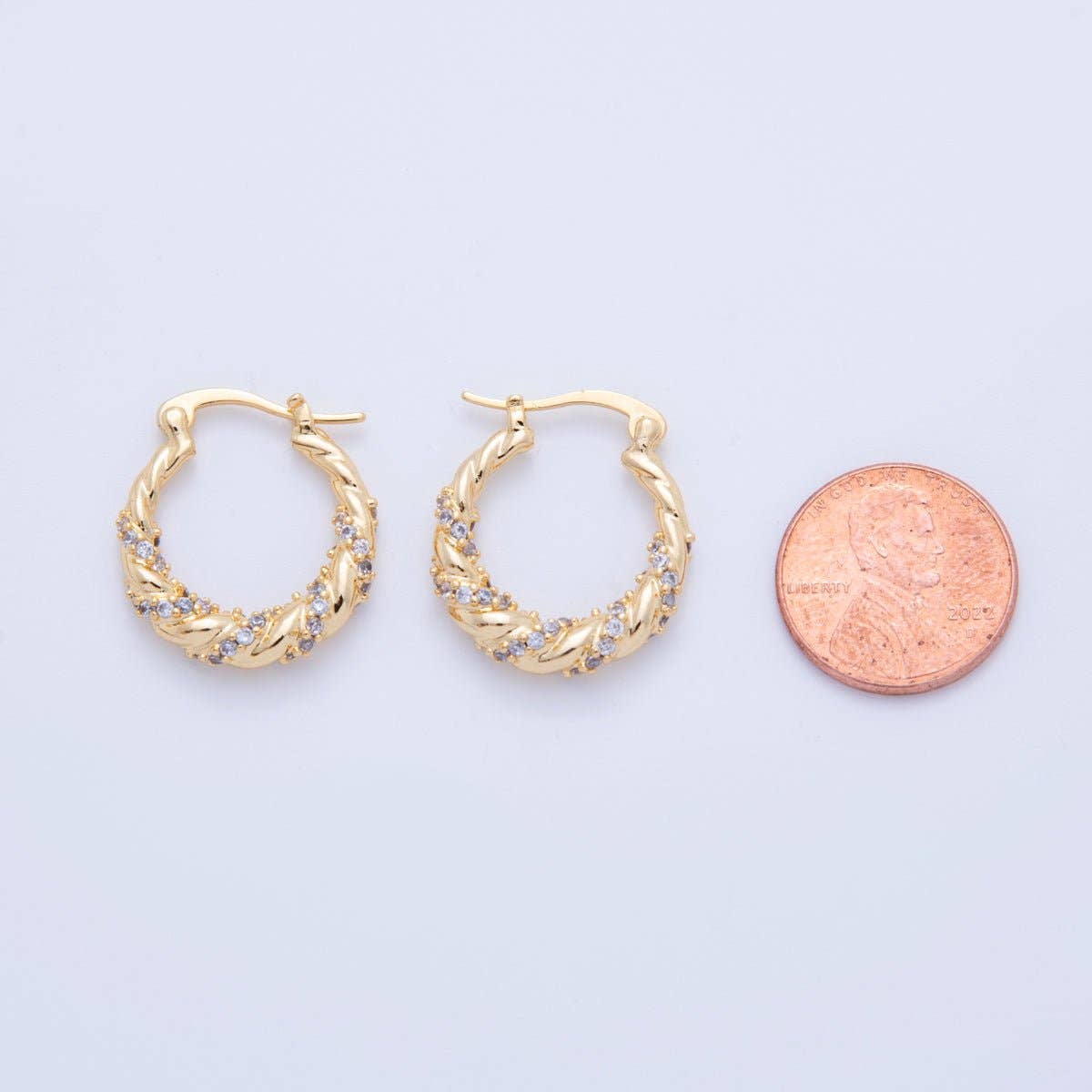 18K Gold Filled 24mm Micro Paved CZ Twisted Croissant Latch Hoop Earrings | AI359