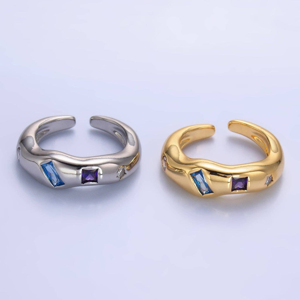 24K Gold Filled Multicolor Baguette CZ Geometric Molten Band Ring in Silver & Gold | O756 O761