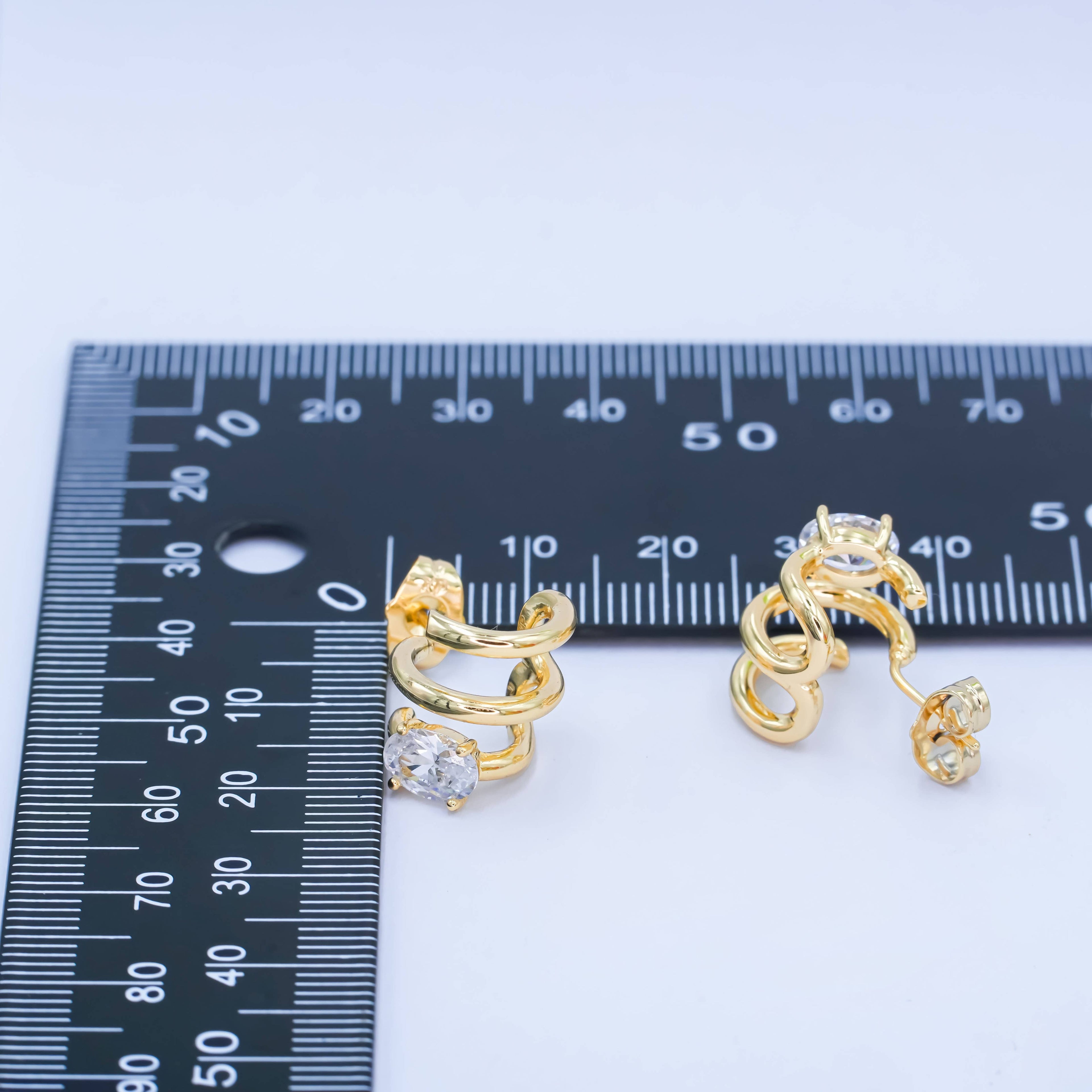14K Gold Filled Oval CZ Triple Bar Claw C-Shaped Cartilage Hoop Earrings | AB990