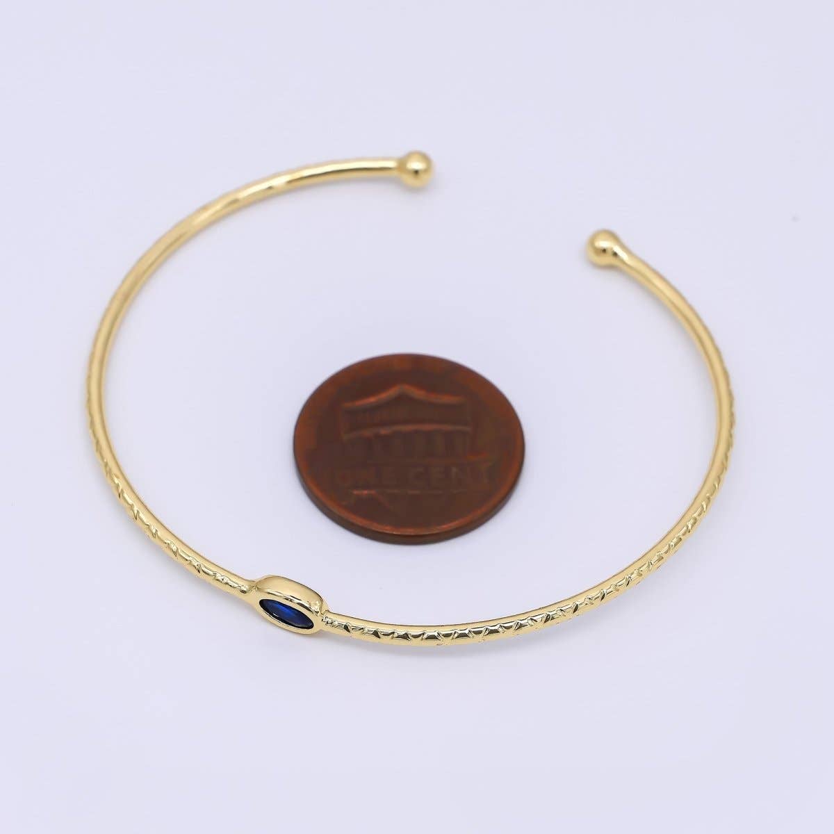 24K Gold Filled Blue CZ Simple Solitaire Cuff Bracelet | WA-3403