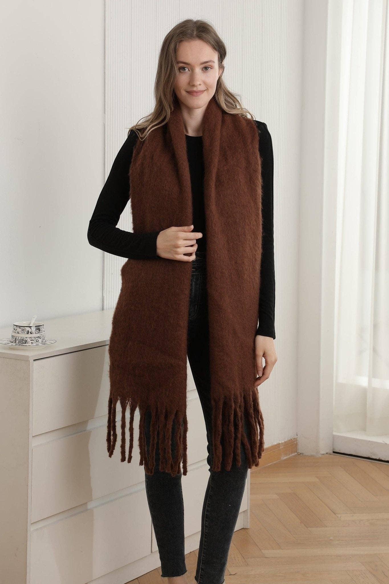 JS2416 Solid color Oblong Scarf with Fringe