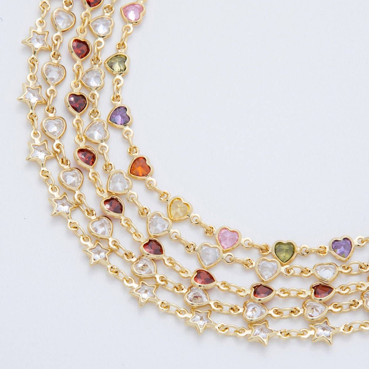 18K Gold Filled Clear, Multicolor, Red CZ Heart Star Sideway Straight 7 Inch Bracelet | WA-03781 ~ WA-03782