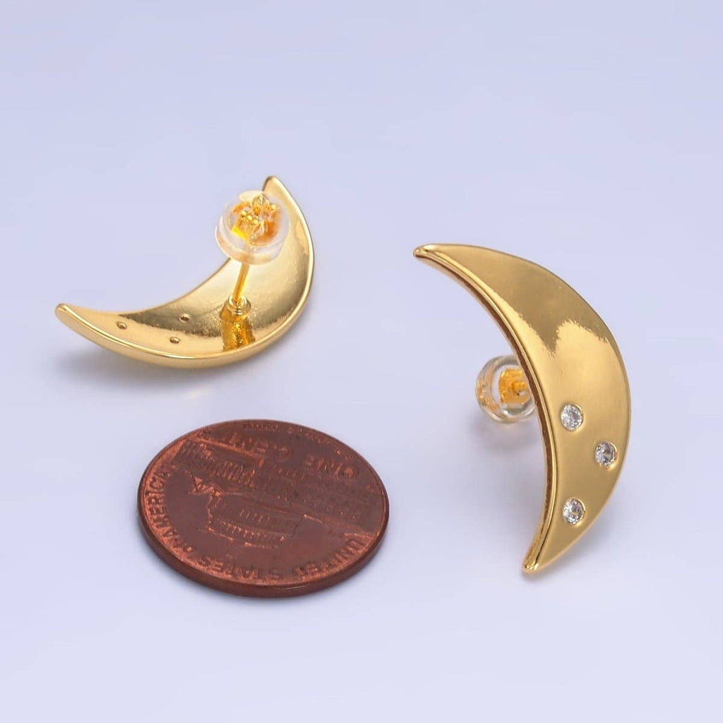 24K Gold Filled Clear CZ Celestial Crescent Moon Stud Earrings | AB081