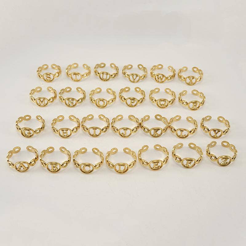 18K Gold Plated Stainless Steel Hollow Initial Rings - FGS