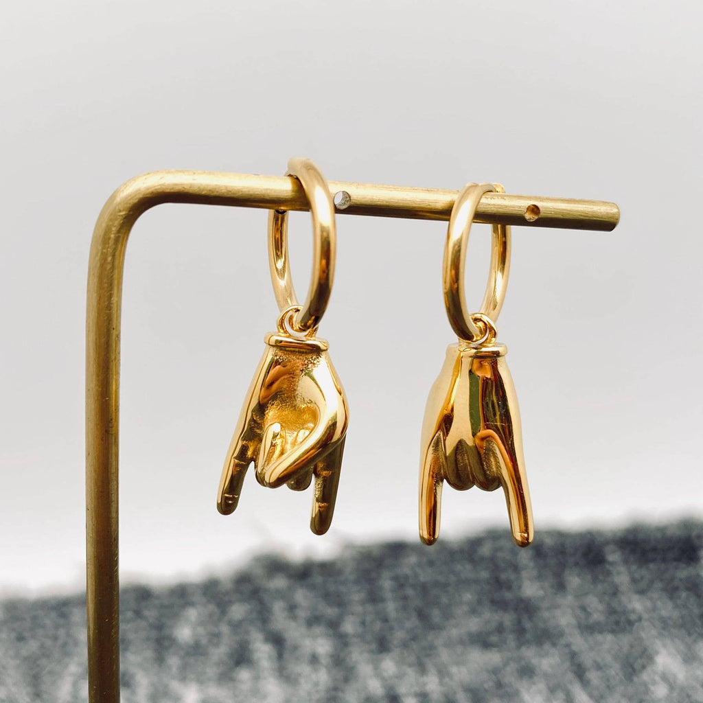 18K Gold Plated Rock & Roll Gesture Charm Huggie Earring-FGS