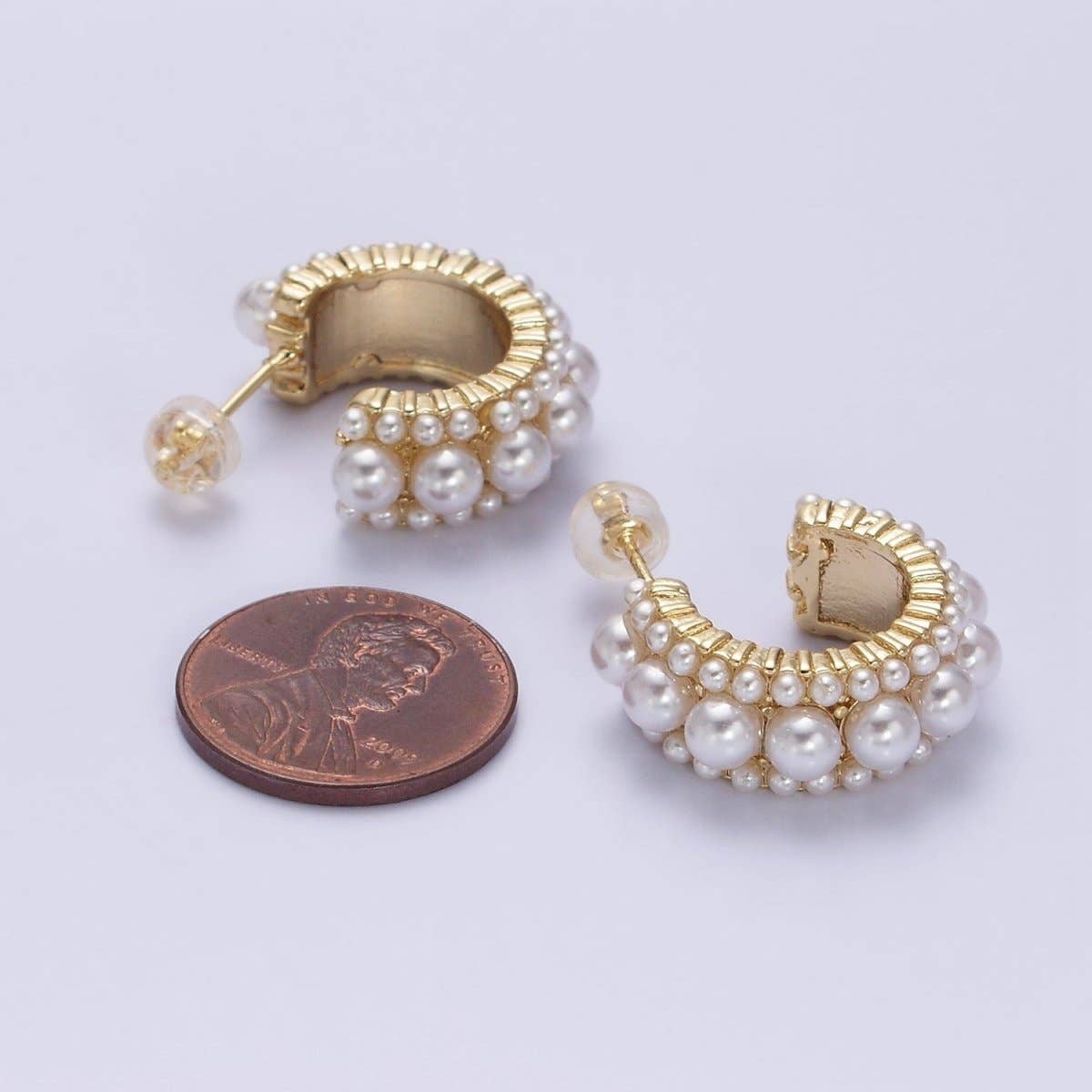14K Gold Filled 20mm Triple White Pearl Lined C-Shaped Hoop Earrings in Gold & Silver | AD-455 AD-460