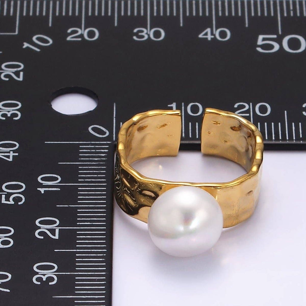 14K Gold Filled White Pearl Hammered Wide Band Ring in Gold & Silver | O1096 O1097
