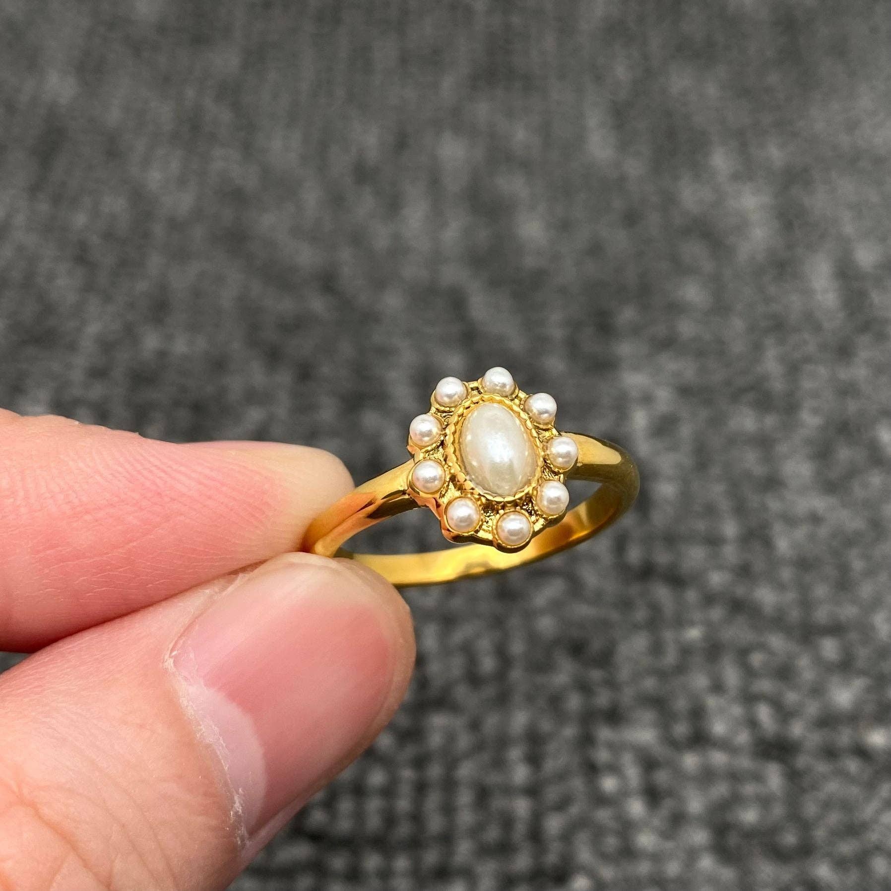 Vintage Inlaid CZ & Pearl 18K Gold Plated SS Ring - FGS
