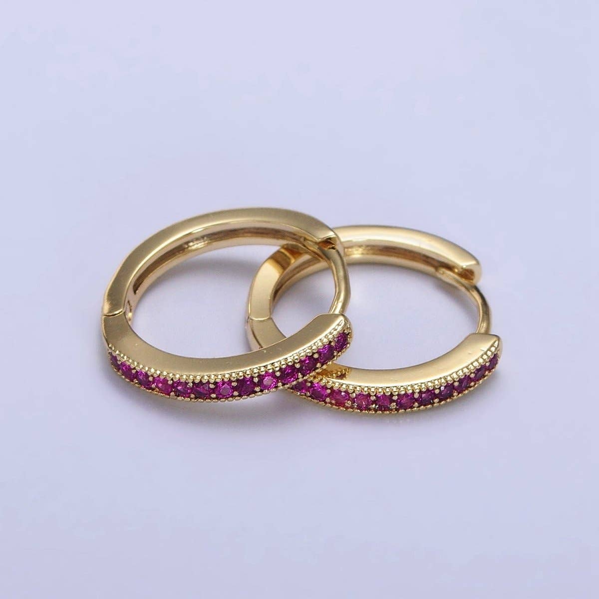 24K Gold Filled Green, Fuchsia, Black Micro Paved CZ Lined 16mm Huggie Earrings | AB297 AB298 AB299