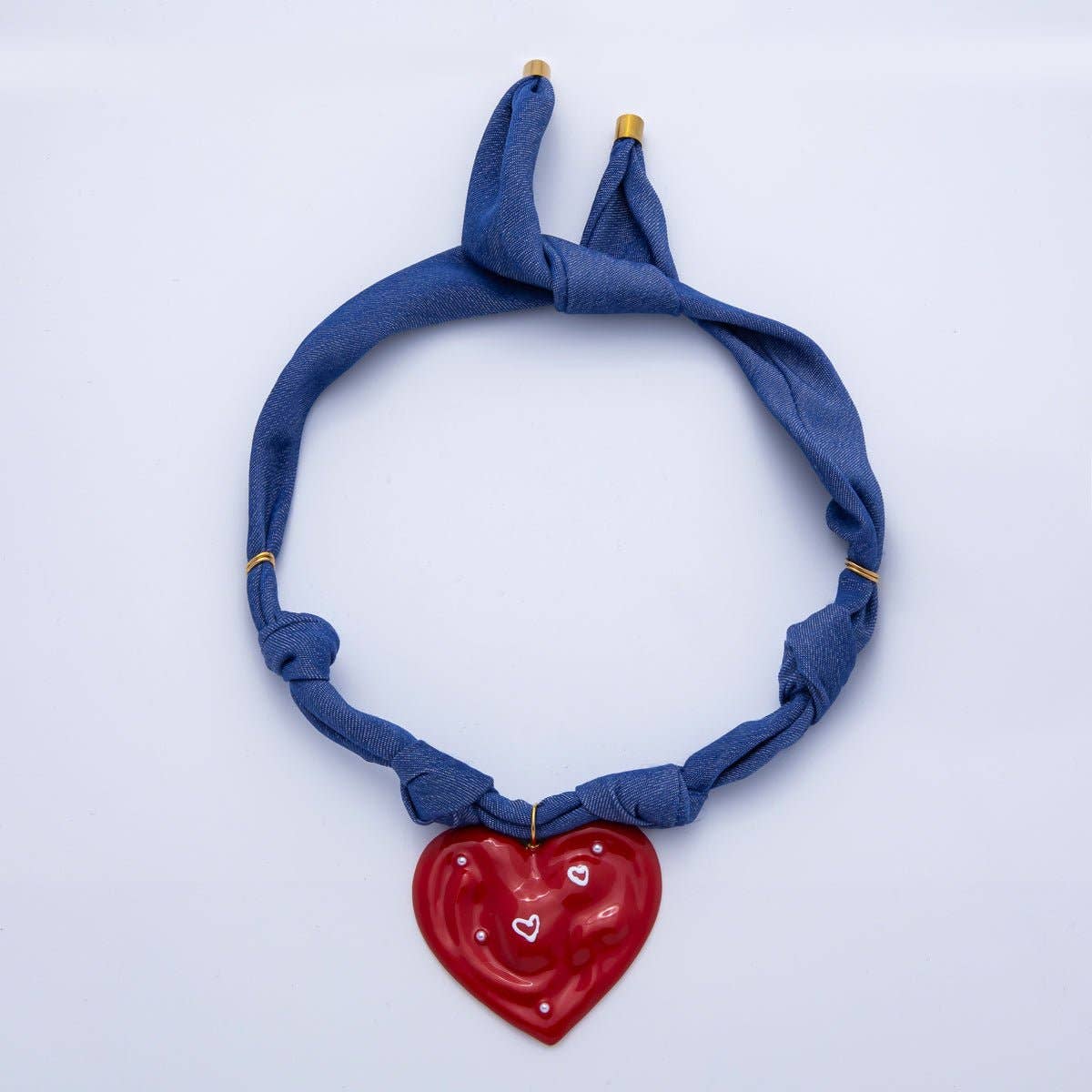 Stainless Steel Red Molten Heart Shell Pearl Blue Denim Scarf Handmade Necklace | WA-3982