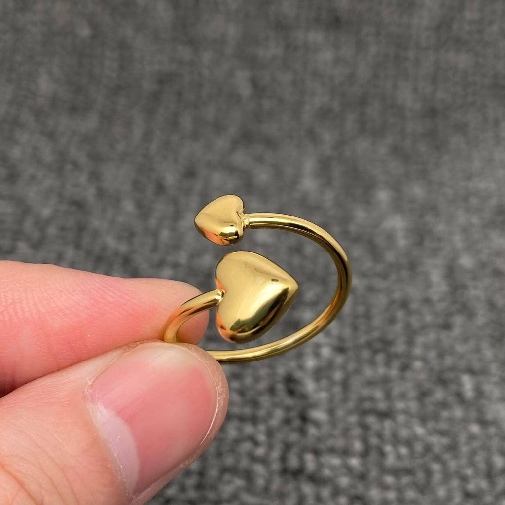18K Gold Plated SS Glossy Double Heart Adjustable Ring - FGS