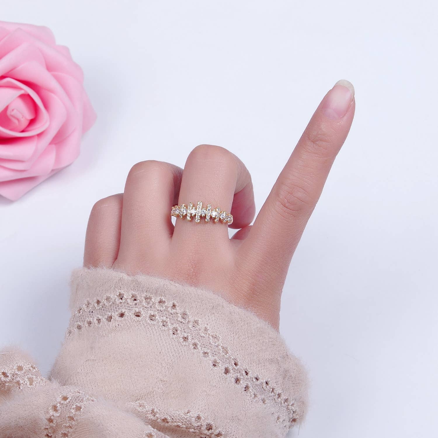 Minimalist CZ Crystal Fence Gold Adjustable Ring O2239