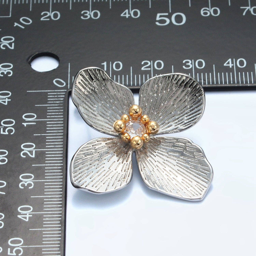14K Gold Filled 40mm Clear CZ Line-Textured Flower Stud Earrings in Gold & Mixed Metal | P-507 P-504