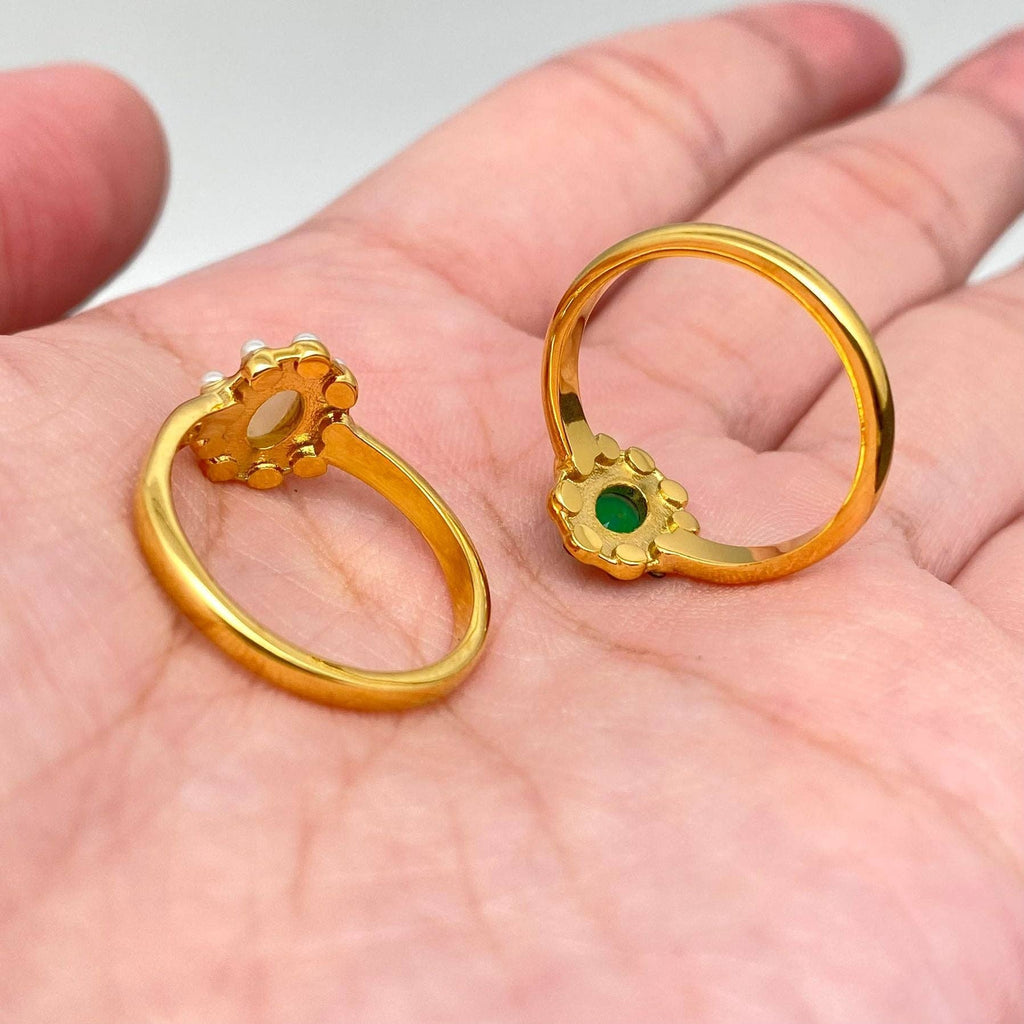 Vintage Inlaid CZ & Pearl 18K Gold Plated SS Ring - FGS