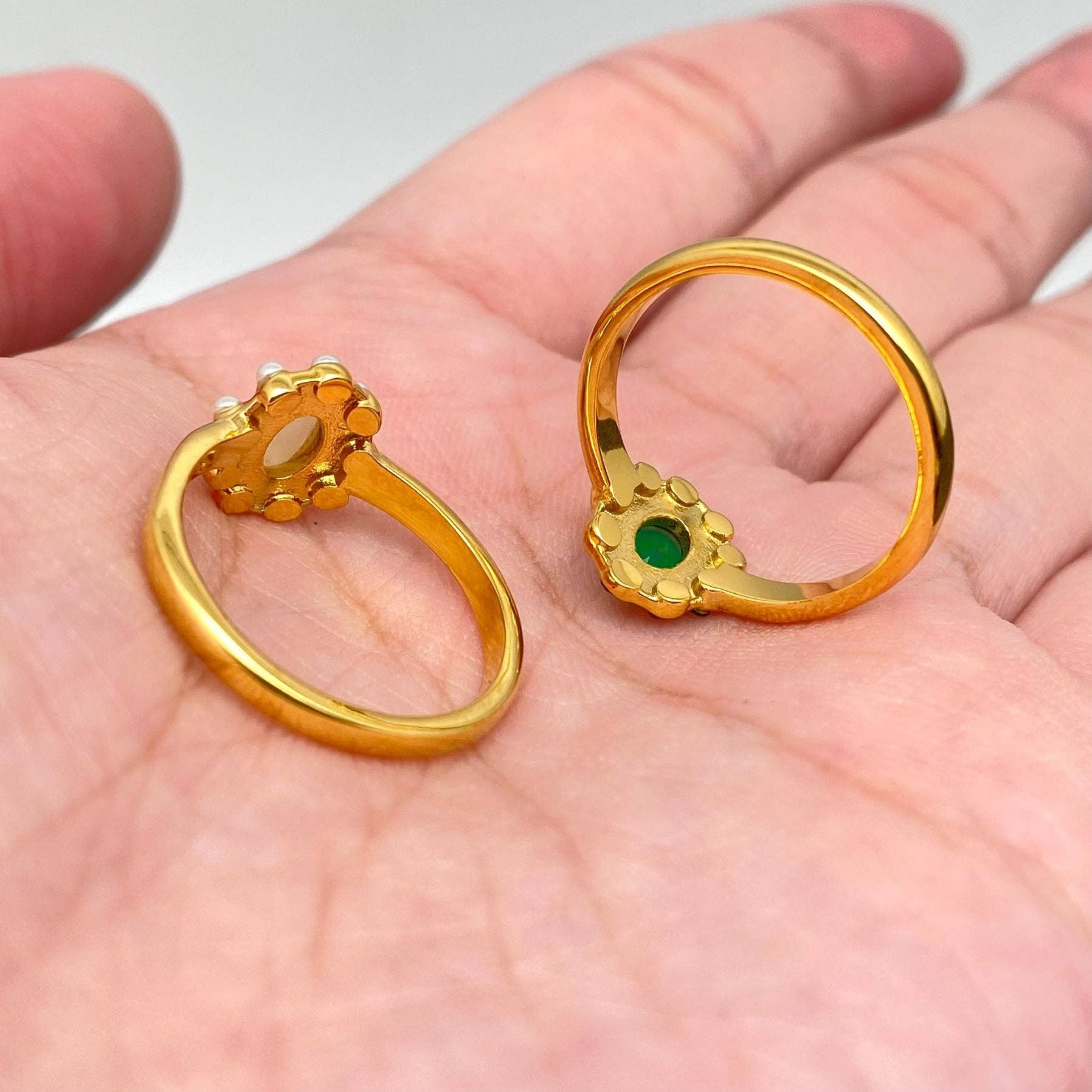 Vintage Inlaid CZ & Pearl 18K Gold Plated SS Ring - FGS