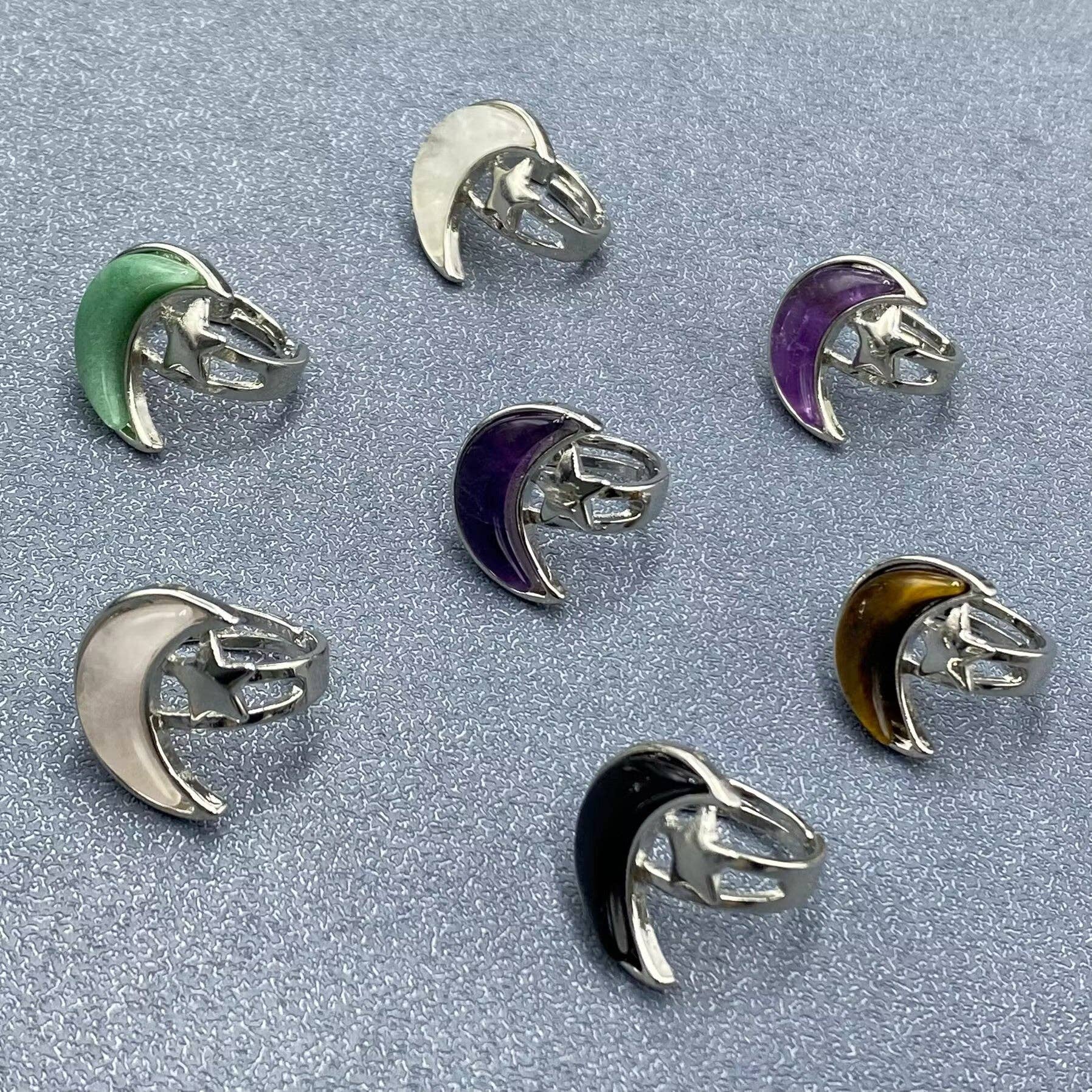 Natural Stone Moon Star Silver Tone Adjustable Ring - CS/MS