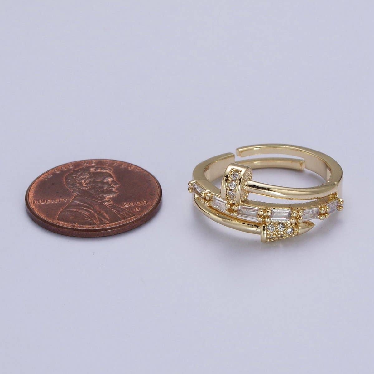 Clear Micro Paved Baguette Adjustable Nail Ring in Gold & Silver |  O-258