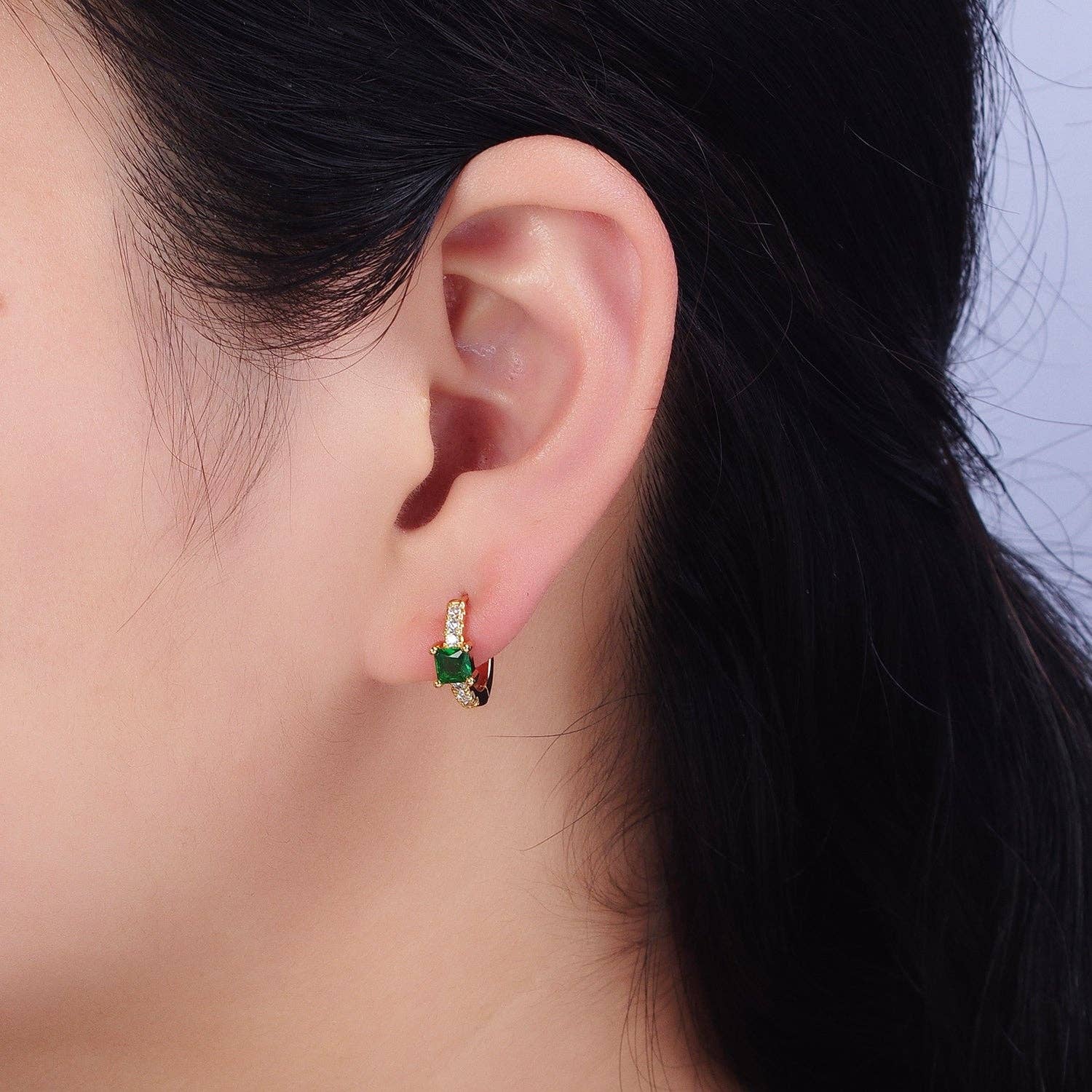 Gold Filled Emerald Green Square CZ Cartilage Huggie Earring