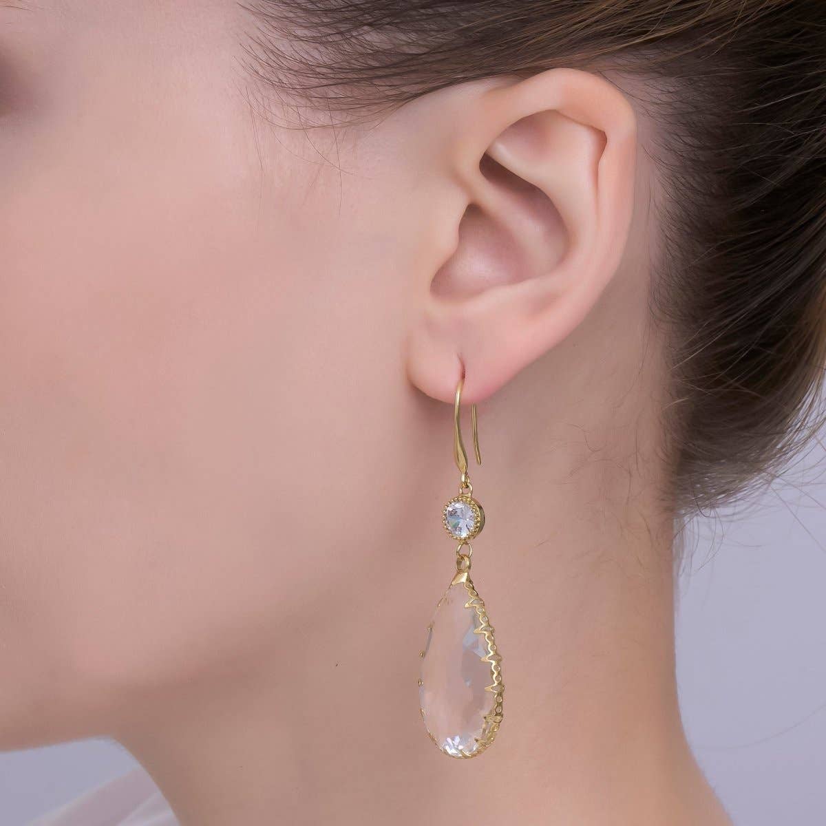 24K Gold Filled Multifaceted CZ Teardrop Drop French Hook Earrings | AB1416