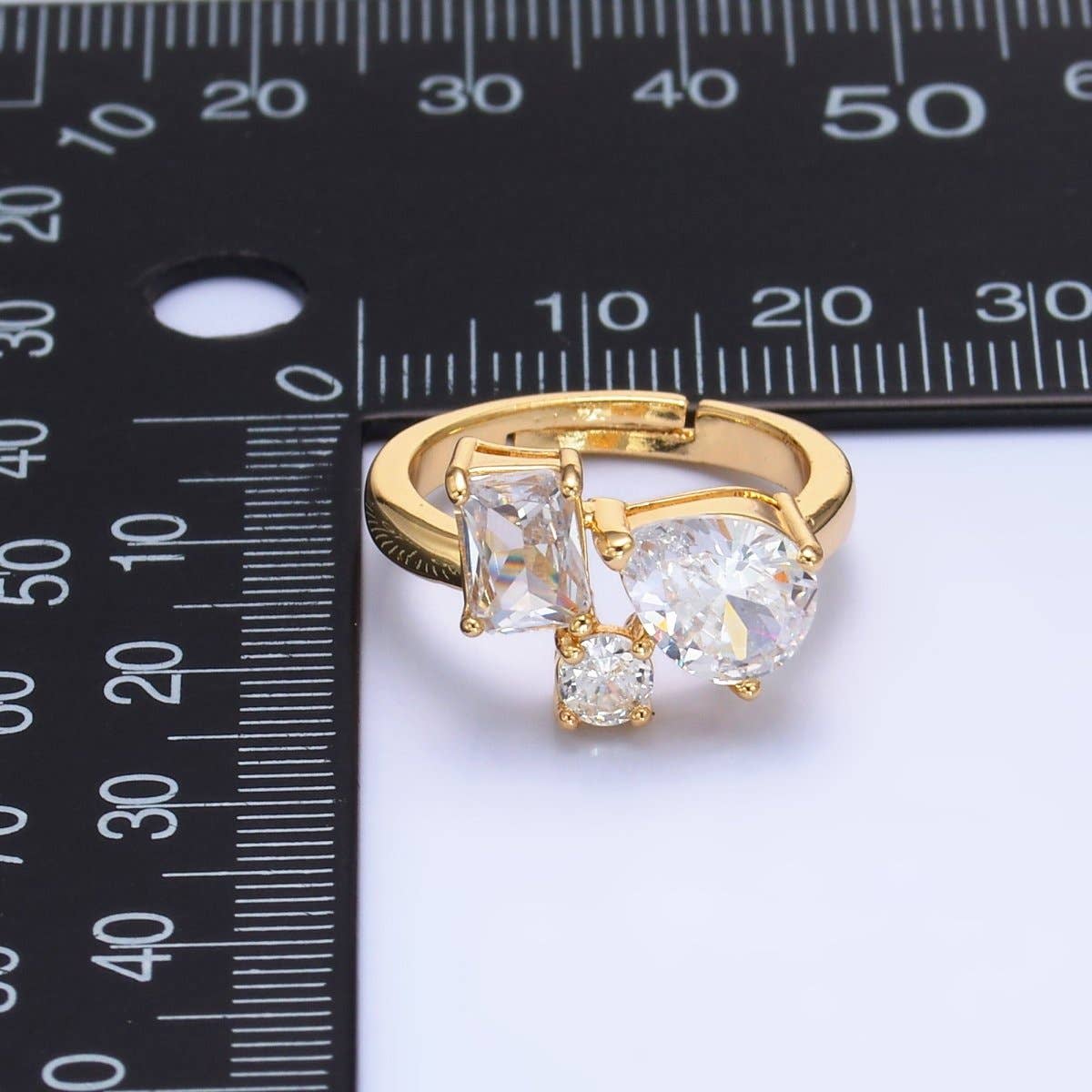 24K Gold Filled Clear CZ Baguette Teardrop Round Ring | O847
