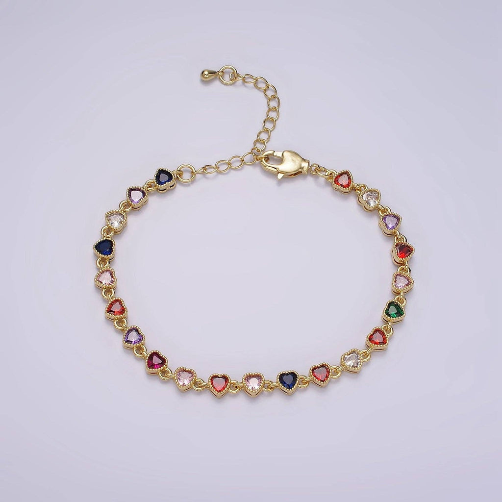 14K Gold Filled CZ Multicolor Heart Bezel 7 Inch Bracelet in Gold & Silver | WA-2230 WA-2231