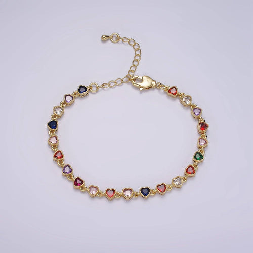14K Gold Filled CZ Multicolor Heart Bezel 7 Inch Bracelet in Gold & Silver | WA-2230 WA-2231