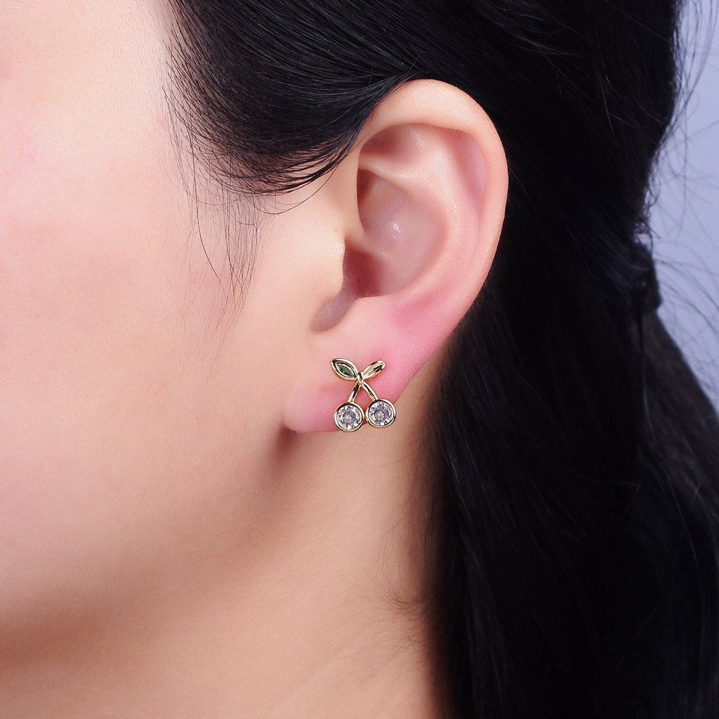 Gold Filled Clear CZ Cherry Fruit Green Leaf Stud Earrings