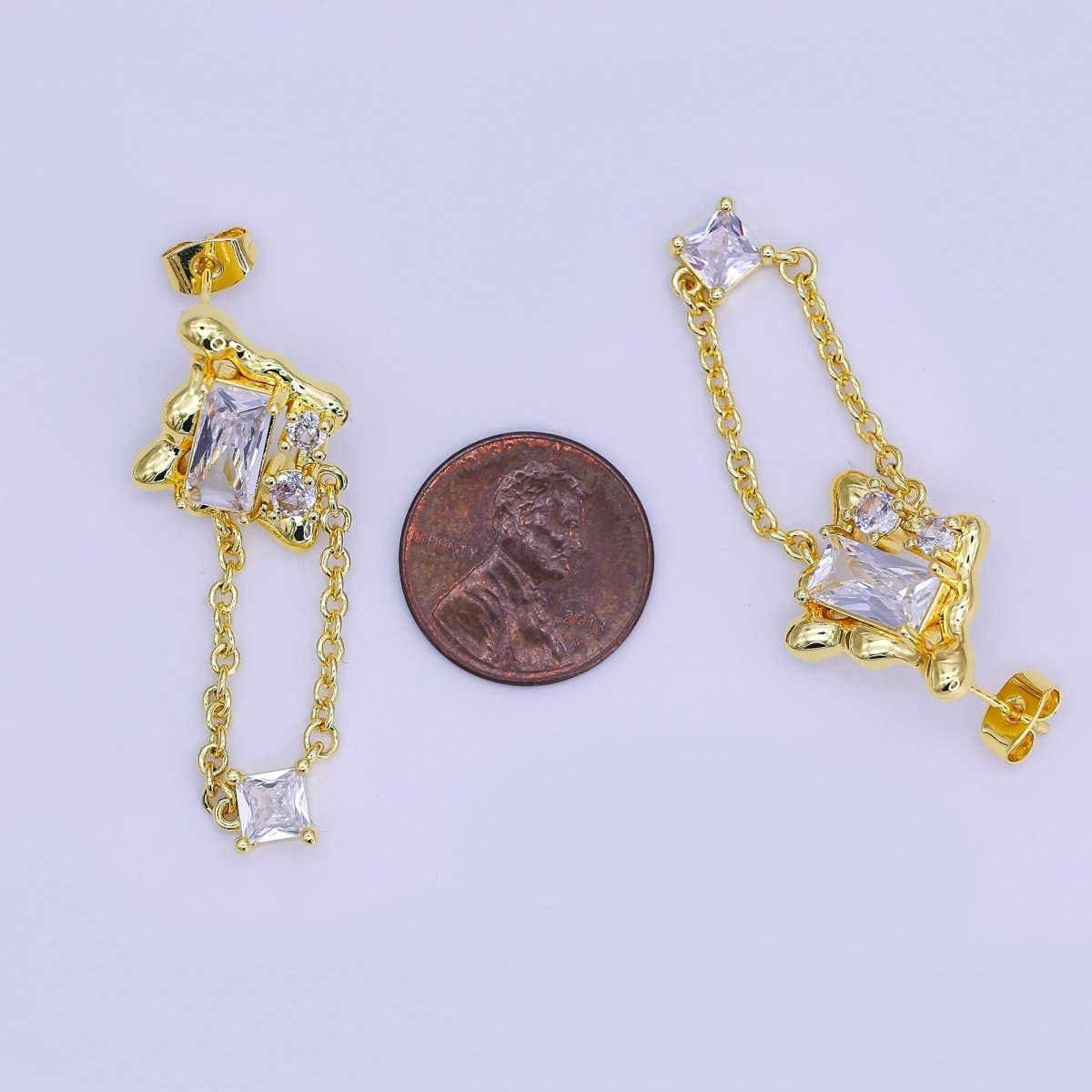 24K Gold Filled Clear Baguette Molten Chain Drop Stud Earrings | AI501